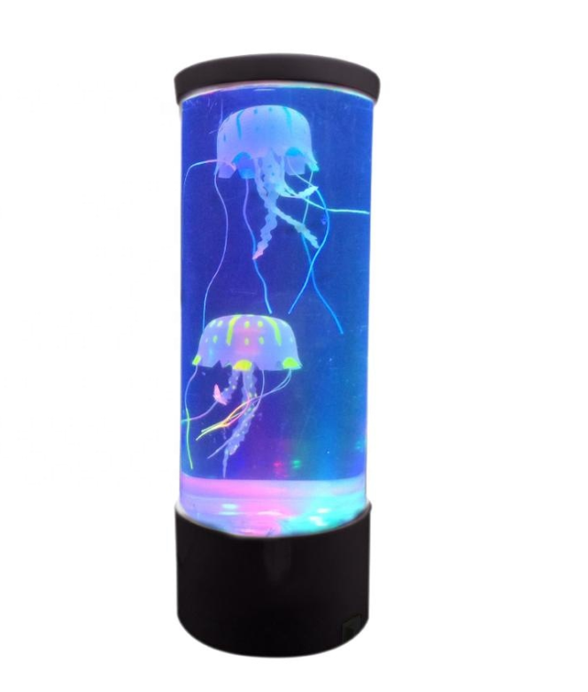 The lamp with its sleek black base, glowing blue
