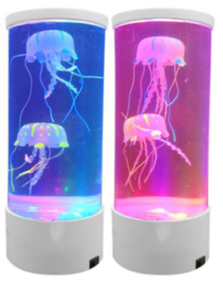 Two lamps glowing blue and pink side by side