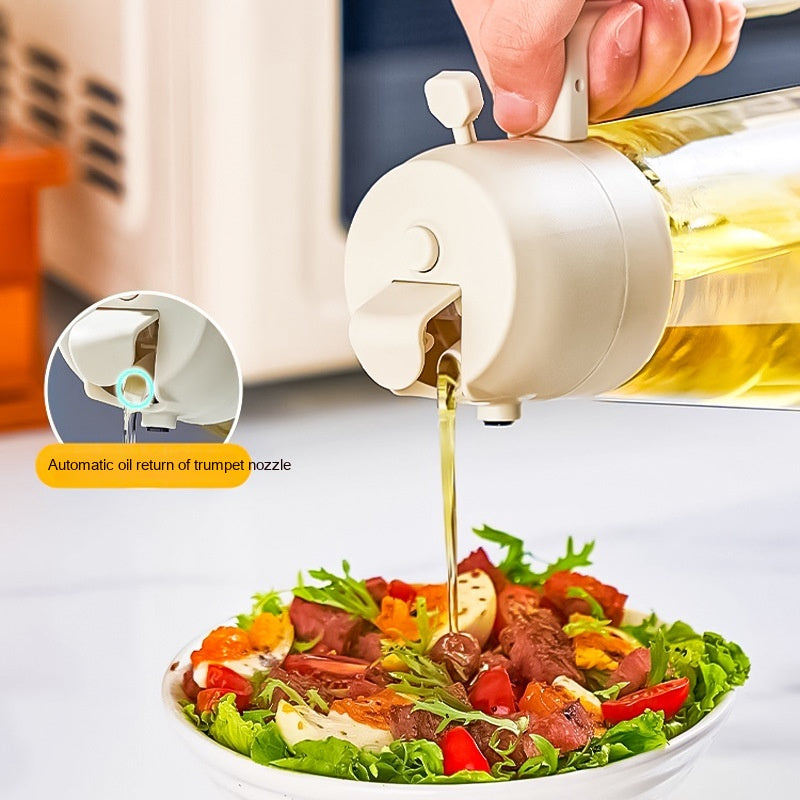 Close up of the no-drip pour nozzle over a salad