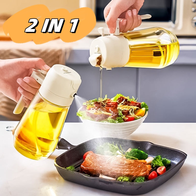 Drizzling oil over a fresh salad and a pan-seared steak
